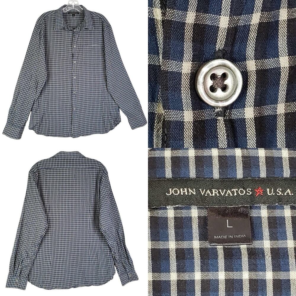 John Varvatos Shirt Long Sleeve Button Up Blue Plaid Men's Size Large L Cotton